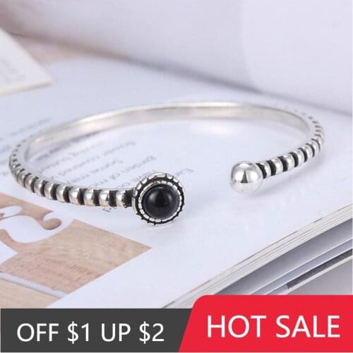 POPACC 925 Sterling Silver Thai Silver Pearl Black Stone Twisted Cuff Bracelets & Bangles For Women pulseras
