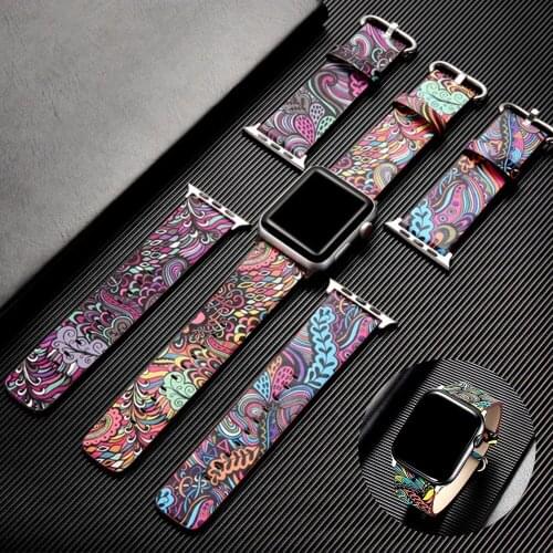 Genuine Leather Watchband for Apple Watch 44mm 40mm 38mm 42mm Women Men Flower Print Band Strap Bracelet for iwatch 5 4 3 2 1