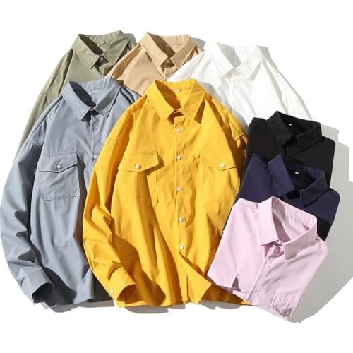 Korean Fashion Mulit Pockets Mens White Shirt Casual Yellow Khaki Black Loose Social Long Sleeved Button Down Shirts