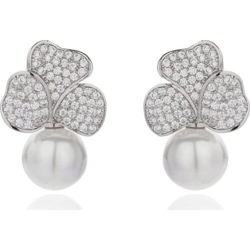 Pearl Cubic Zircon Drop Earrings for Wedding, Crystals Flower Earring for Bride, Women Girl Gift CE10982