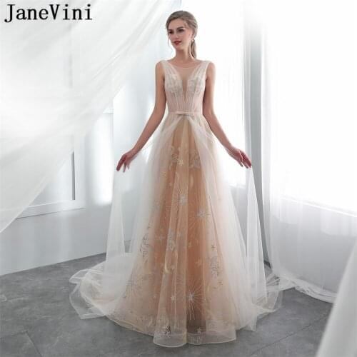 JaneVini Sexy Champagne Long Bridesmaid Dresses A Line Sheer Scoop Neck Backless Court Train Illusion Tulle Formal Prom Gowns