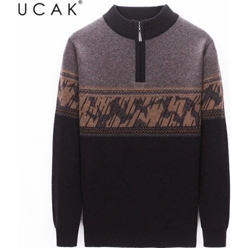 UCAK Brand Pure Merino Wool O-Neck Zipper Sweaters Men Clothing Streetwear Warm Sweater Pull Homme Winter Casual Pullover U3198