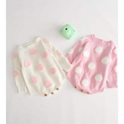Adorable pompom polka dot knitted long sleeve romper baby girls jumpsuit cotton knitted newborn baby clothes costumes toddler