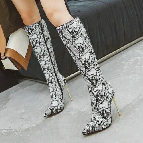 Fashion Snake Print Knee High Boots Women Sexy Thin High Heels Boots Zipper Pointed Toe Autumn Winter Ladies Boots Big Size 43