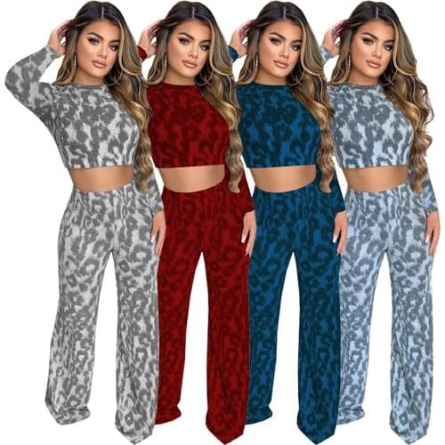 Leopard Print Two Piece Set Women Long Sleeve Crop Top and Wide Leg Pants Set Office Lady Elegant Bodycon Matching Set Outfits