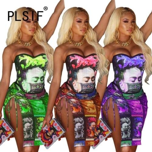 Women Corset Top And Skirt Set Summer 2 Pieces Print Outfits Sexy Night Club Party Matching Set
