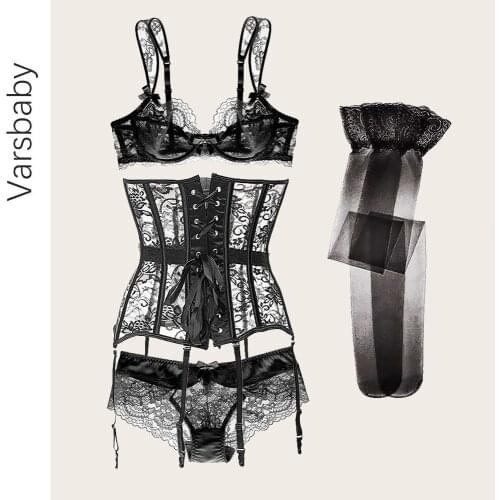 Varsbaby Women Bra Set Underwire See Through Bra Lace Panties Waist Corset Slimming Belt Underwear Body Lingerie Set