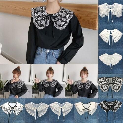 European Style Women Chiffon Lace Fake False Collar Decorative Double Layer Floral Embroidery Doll Choker Blouse Shawl Bowtie