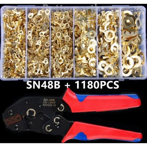 1110PCS Open Barrel Wire Crimp Terminals Connerctor- Non-Insulated Ring Lugs Crimp Cable Connectors Crimping Plier SN48B