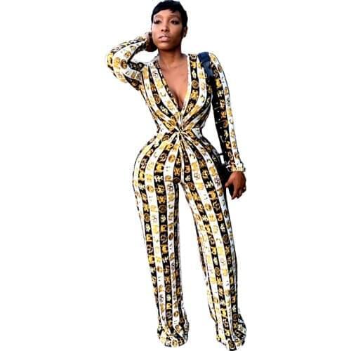 2019 Autumn Women Letter Snake Sexy Printed Jumpsuit Deep V Neck Long Sleeve Bodycon Milk Silk High Waist Bandage Outfits