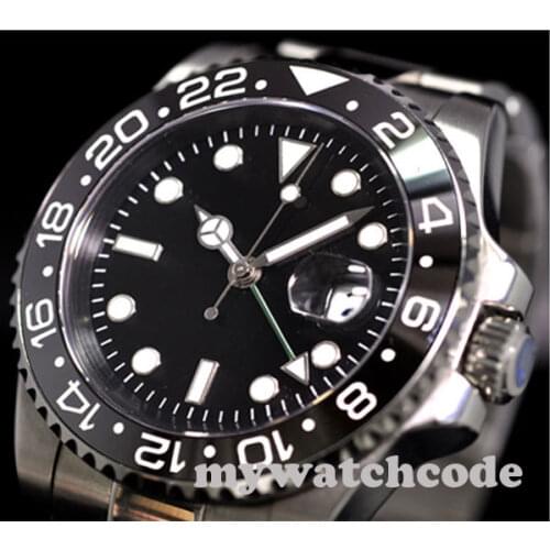 40mm parnis black sterile dial luminous GMT date window sapphire crystal automatic mens watch P344