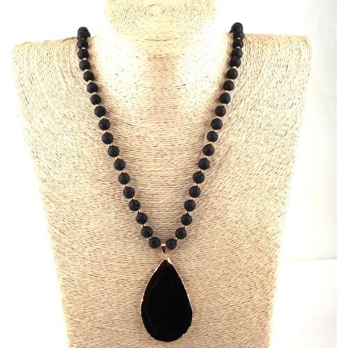 Free Shipping Fashion Black Lava Stones Agat Drop Pendant Necklaces For Ethnic Necklace
