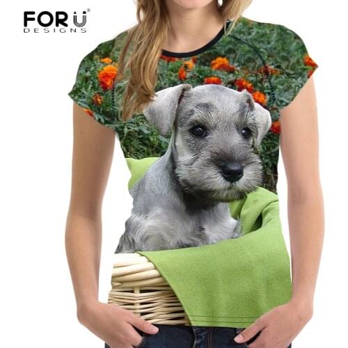 FORUDESIGNS Kawaii 3D Animal Mini Schnauzer Dog Print Women T Shirt Stylish Female O Neck Tee Shirts Short Sleeve Top Clothing