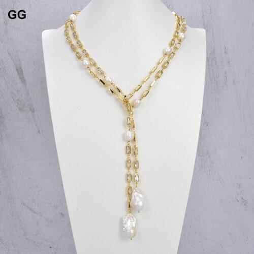 GuaiGuai Jewelry Cultured White Keshi Pearl Rectanle Cz Pave Chain Necklace 50" Long Necklace