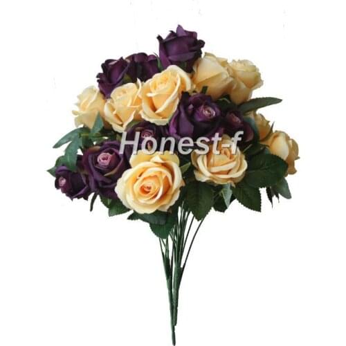 Artificial Multi-Coloured Rose Silk Flowers Bounquet Mixed Arrangement, Home Hotel Room Wedding Decoration(Yellow And Purple)