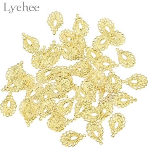 Lychee Life 50pcs Feather Shaped Filigree Flowers Slice Hollow Metal Album Embellishments DIY Scrapbooking Decoration Supplies