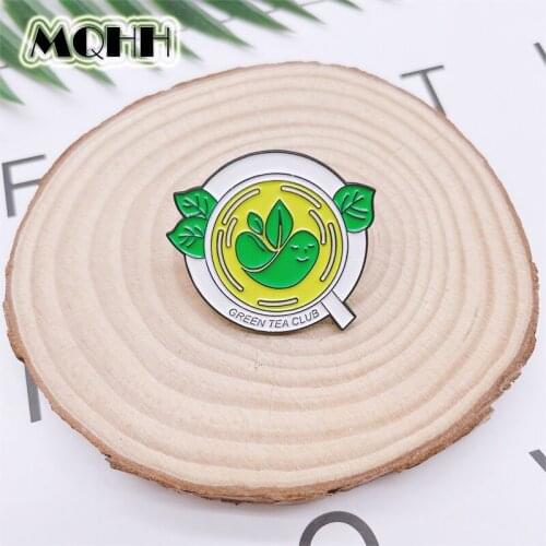Cartoon Fun Round Green Tea Enamel Pins Plant Club Brooch Alloy Badge Sweet Accessories Woman Jewelry Gift For Friends