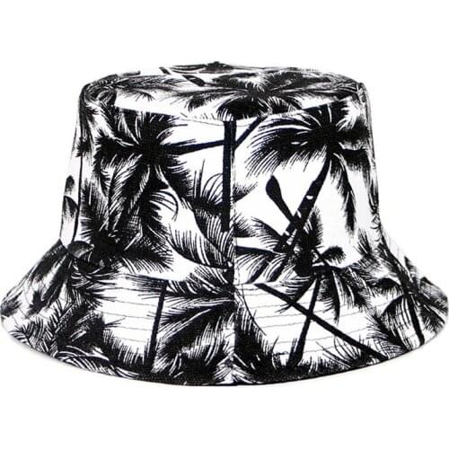 New Unisex Fashion Summer Reversible Black White Coconut Tree Printed Fisherman Caps Bucket Hats Gift for Friend