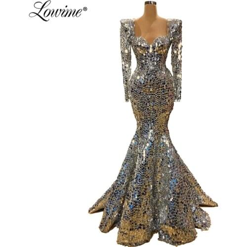 Mermaid Evening Dress Long Sleeves Silver Party Gowns 2020 New Custom Saudi Arabia Pageant Prom Dresses Celebrity Dresses Kaftan