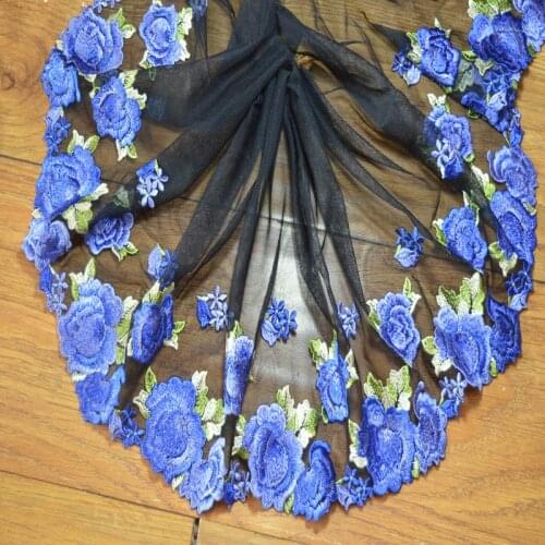 Somelace 23CM Width(2yds/lot)black mesh blue floral Embroidery Hight quality lace fabrics embroidered lace trim 17021103