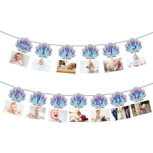 Mermaid Photo Display Hanging Banner Kids Party Supplies Baby Shower Mermaid Shell Wall Bunting Happy Birthday Party Decoration