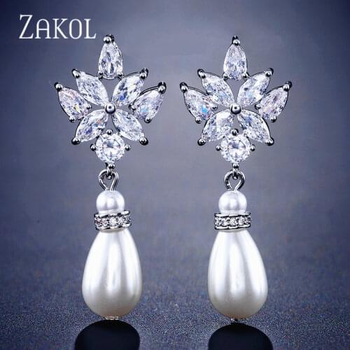 ZAKOL Trendy Clear Marquise Cut Cubic Zirconia Drop Earrings for Women Fashion Pearl Bridal Wedding Dress Jewelry FSEP2221