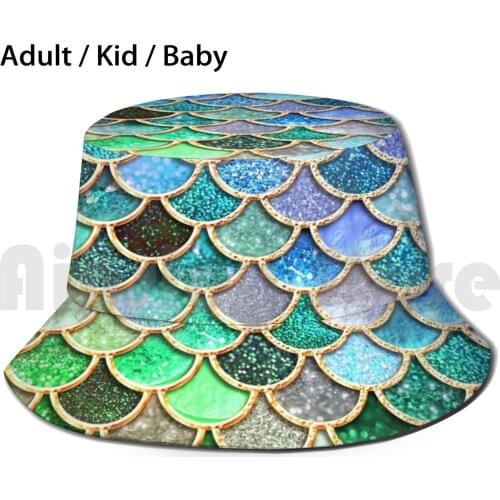 Green Emerald And Blue Mermaid Scales Sun Hat Foldable UV Protection Mermaid Mermaid Scales Mermaid Pattern