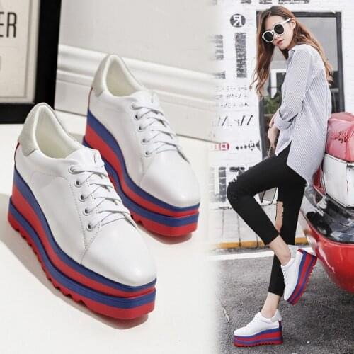 High Quality Classic Women 7.5cm Wedge Platform Lace Up Casual Shoes Fashion Square Toe White Leather Thick Bottom Ladies Pumps