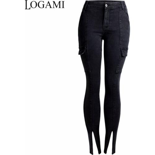 LOGAMI High Waist Skinny Jeans Woman Both Side Pocket Split Women Jeans Elastic Pencil Denim Pants