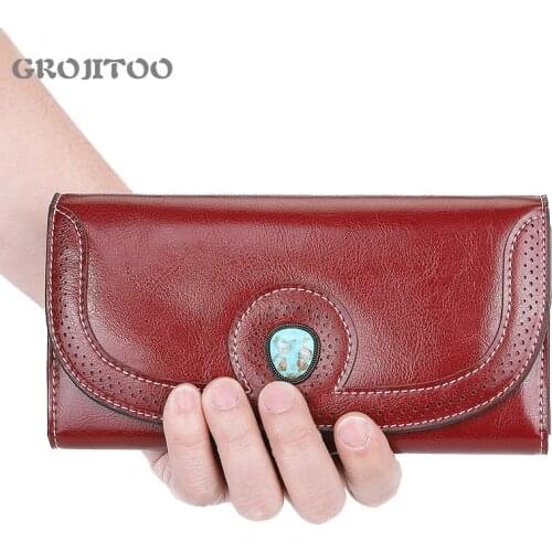 GROJITOO Genuine Leather Women Purse Female Clutch Wallet With Multi-function Buckle And Long Zipper Purse Large Capacity Purse