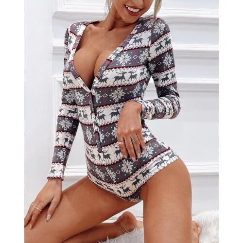 2020 Women Elegant Fashion Sexy Casual V-Neck Buttoned Christmas Plunge Button Long Sleeve Bodysuit