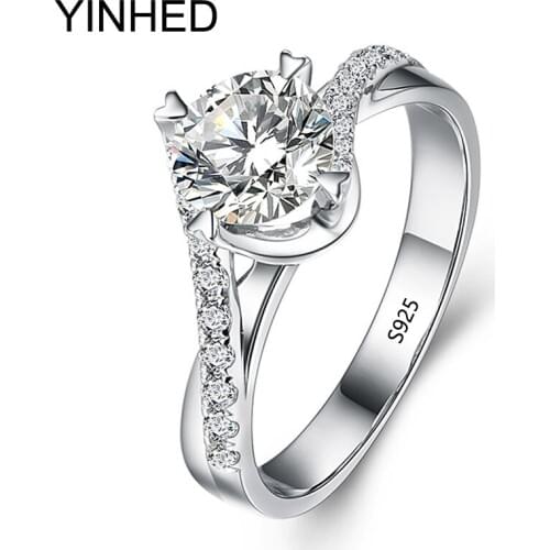 YINHED Elegant Female Engagement Ring Original 925 Sterling Silver Jewelry 6mm Zircon CZ Diamant Wedding Rings for Women ZR359