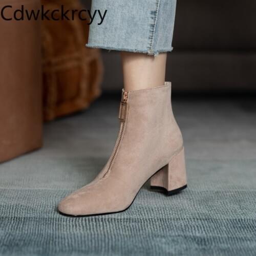 Winter The New British style fashion Suede Square head High heels Short tube Martin boots black Beige High heels Women boots