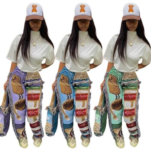 Summer Pattern Print Women Pants Tassel High Waist Party Clubwear Trousers Streetwear Y2K Pants Femme Jogger