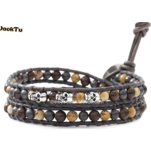 Hematite mix pictures stone skull wrap bracelet men