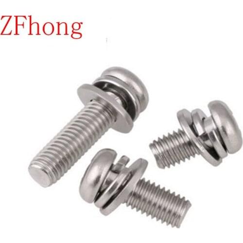 100pcs M4*6/8/10/12/14/16/20/25/30/35/40/45/50/55 Stainless Steel three parts Pan Head Combination screw