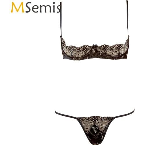 Sexy Lingerie Set Hot Erotic Underwear Sleepwear Womens Half Cups with Push-Up Underwired Bra with G-String T-Back Briefs