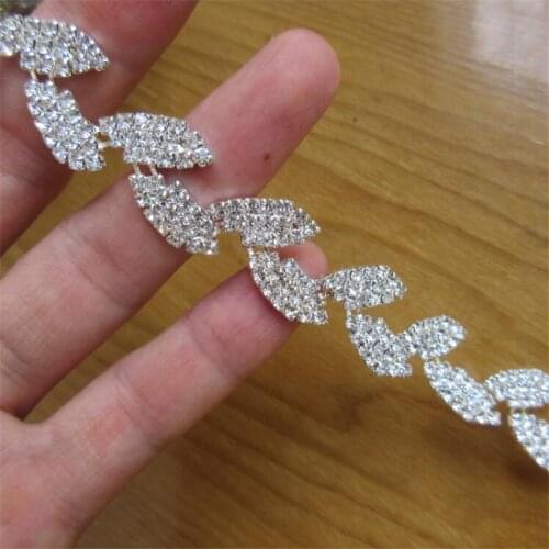 30cm Leaves Rhinestone Chain Trim Ribbon Silver Crystal Applique Hair Accessory Bridal Sash Sewing on Wedding Dress Decoration