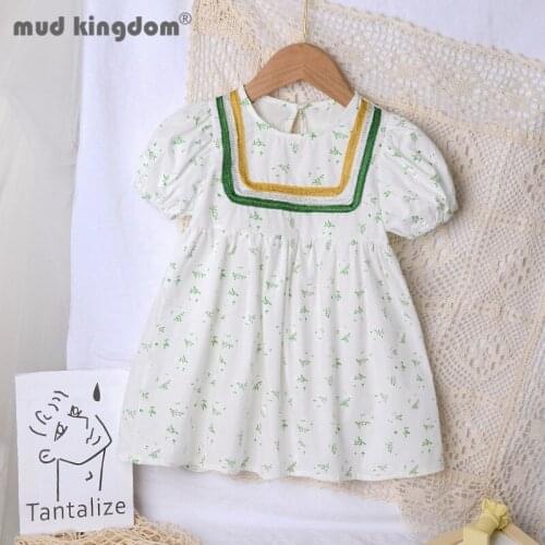 Mudkingdom Floral Princess Dress for Girls Summer Crew Neck Puff Sleeves Print Loose Dresses Toddler Cute Casual Kids Clothes