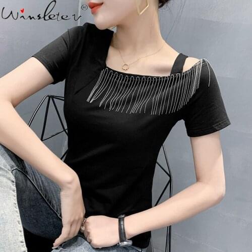 Summer European Clothes Cotton T-Shirt Fashion Sexy Hollow Out Irregularity Tassels Women Tops Bottoming Shirt Tees 2021 T13706A