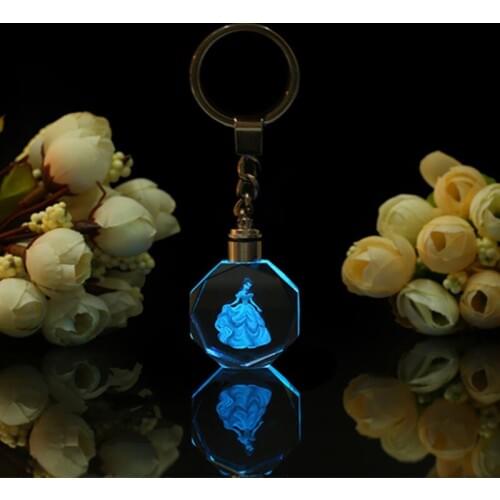 Cartoon Cute Princess LED Colorful Light Crystal Frozener Octagonal Key Chain style Anime Keychain Illuminated Keyring K-076