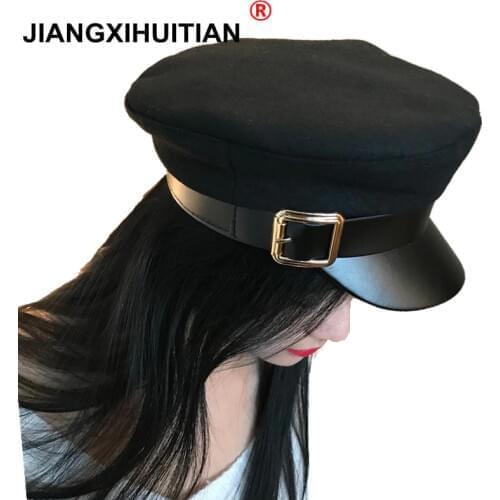 Fashion wool Solid Visor Military Hat Autumn and Winter Vintage Patchwork PU Beret Cap For Women England Style Flat Cap