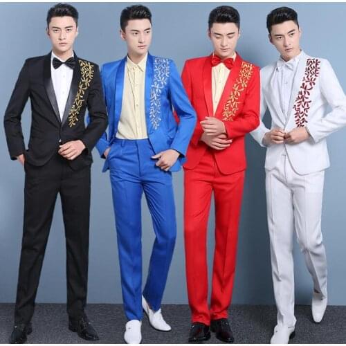 Singer dance stage red clothing for men embroidery suit set with pants 2020 mens wedding suits costume groom formal dress tie