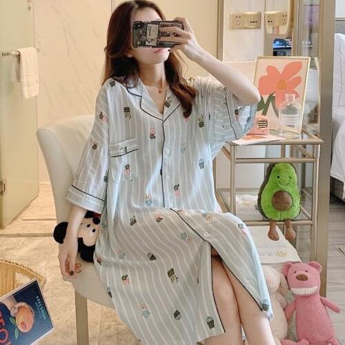 2021 New Summer Women Striped Nightgown Cotton Sleep Shirt Sleepwear Printed Night Dress Plus Size Nightwear Loose Lingerie Robe