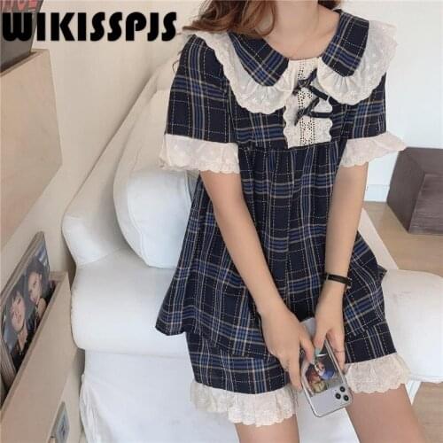 2021 Summer New Sweet Plaid Baby Collar Lace Home Clothes Pajamas for Women Sleep Tops Two Piece Set Summer Lounge Wear