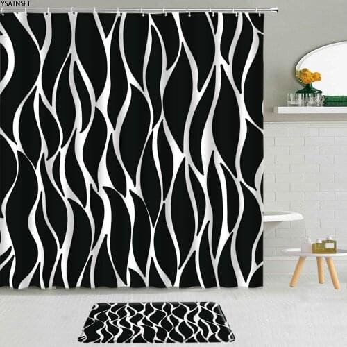 2Pcs Luxury Black White Geometric Shower Curtain Striped Rainbow Square Fabric Non-Slip Bath Mat Hanging Curtains Bathroom Set
