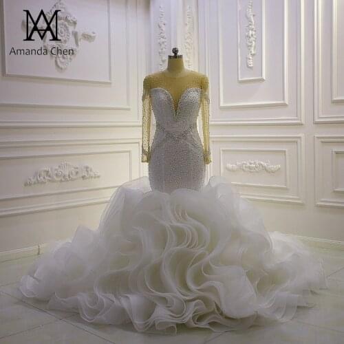 Luxury Long Sleeve Handwork Pearls Ruffle Mermaid Wedding dress