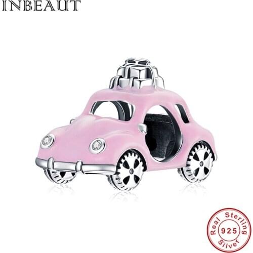 INBEAUT NEW pink car beads 925 sterling silver jewelry charm fit original bracelet DIY enamel fashion gift for women