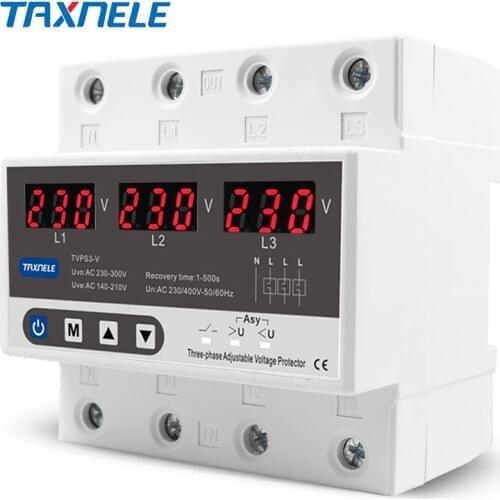 3 three phase Voltage Relay Protector 63A 60A 220V 380VAC 3P+N Over Under Voltage Relay adjustable protect high low votage