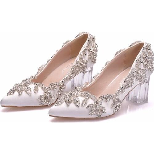 7cm crystal transparent square thick heel shoes diamond wedding shoes annual performance stage dress long skirt shoes silk